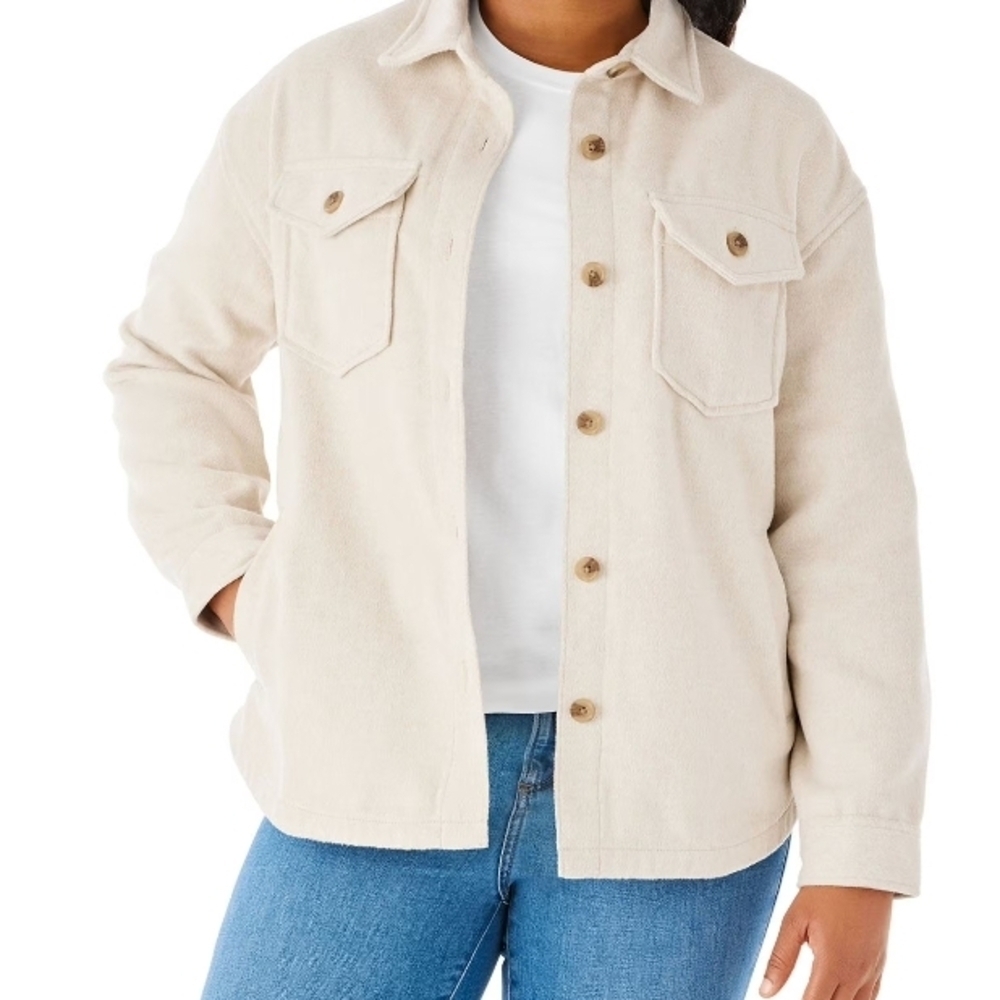 Kensie Cream Soft Brushed Shacket W/ Pockets